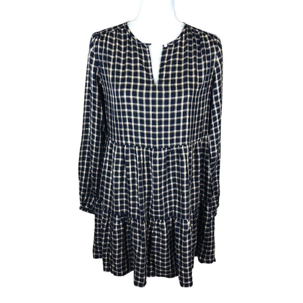Ann Taylor Loft Long Sleeve Plaid Babydoll Dress Petite SP Navy Blue Gold Tiered